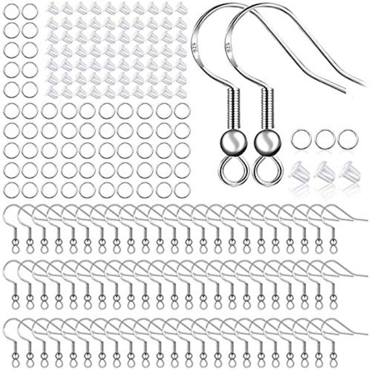 150 PCS/75 Pairs 925 Sterling Silver Earring Hooks ,Ear Wires Fish Hooks,500pcs Hypoallergenic Earring Making kit with Jump Rings and Clear Silicone Backs Stoppers (Silver)